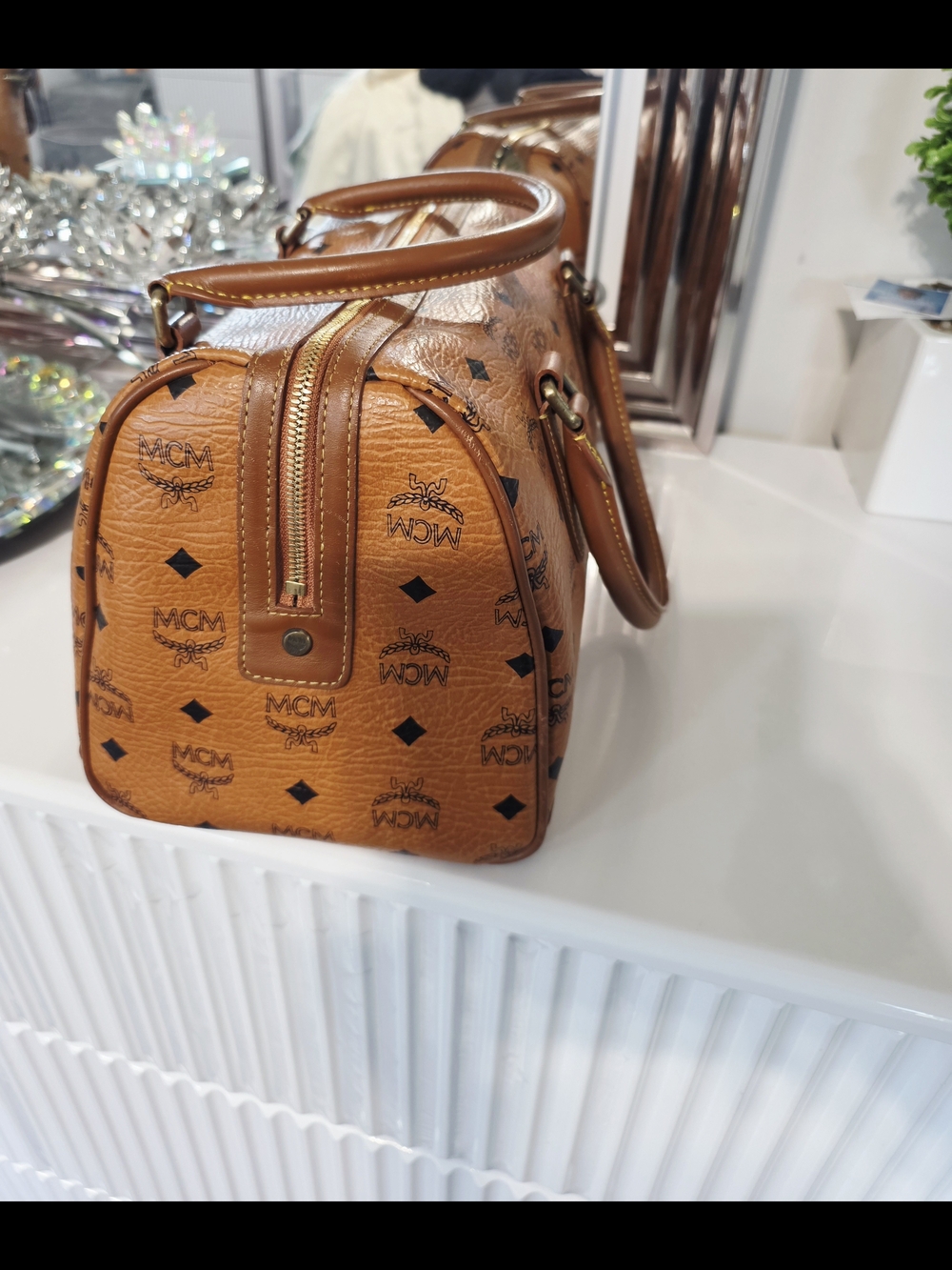 Authentic MCM Cognac Visetos Boston Tote Bag - Picture 3 of 9